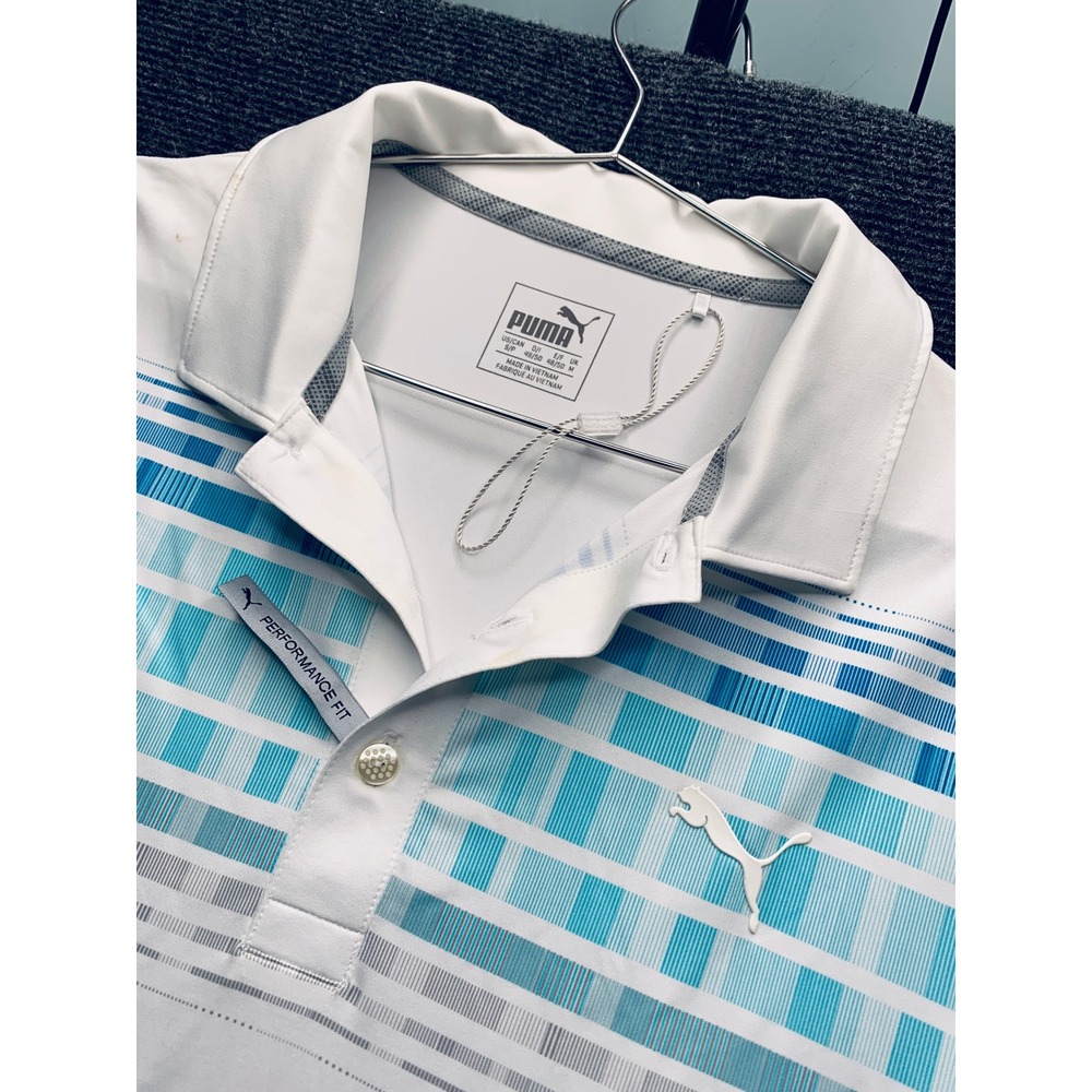Puma Golf Polo Shirt Mens Small White Blue Striped DryCell Performance Fit